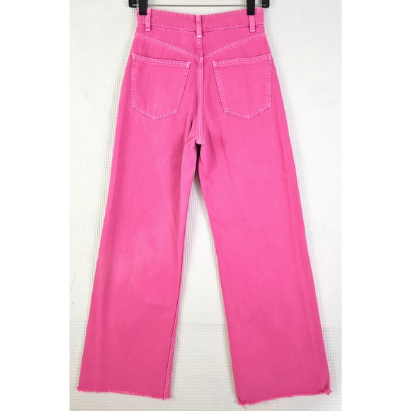 Zara Jeans ~Womens 2~ Pink Wide Leg High Rise Denim Raw Edge Hem Bright Barbie. - Picture 3 of 14